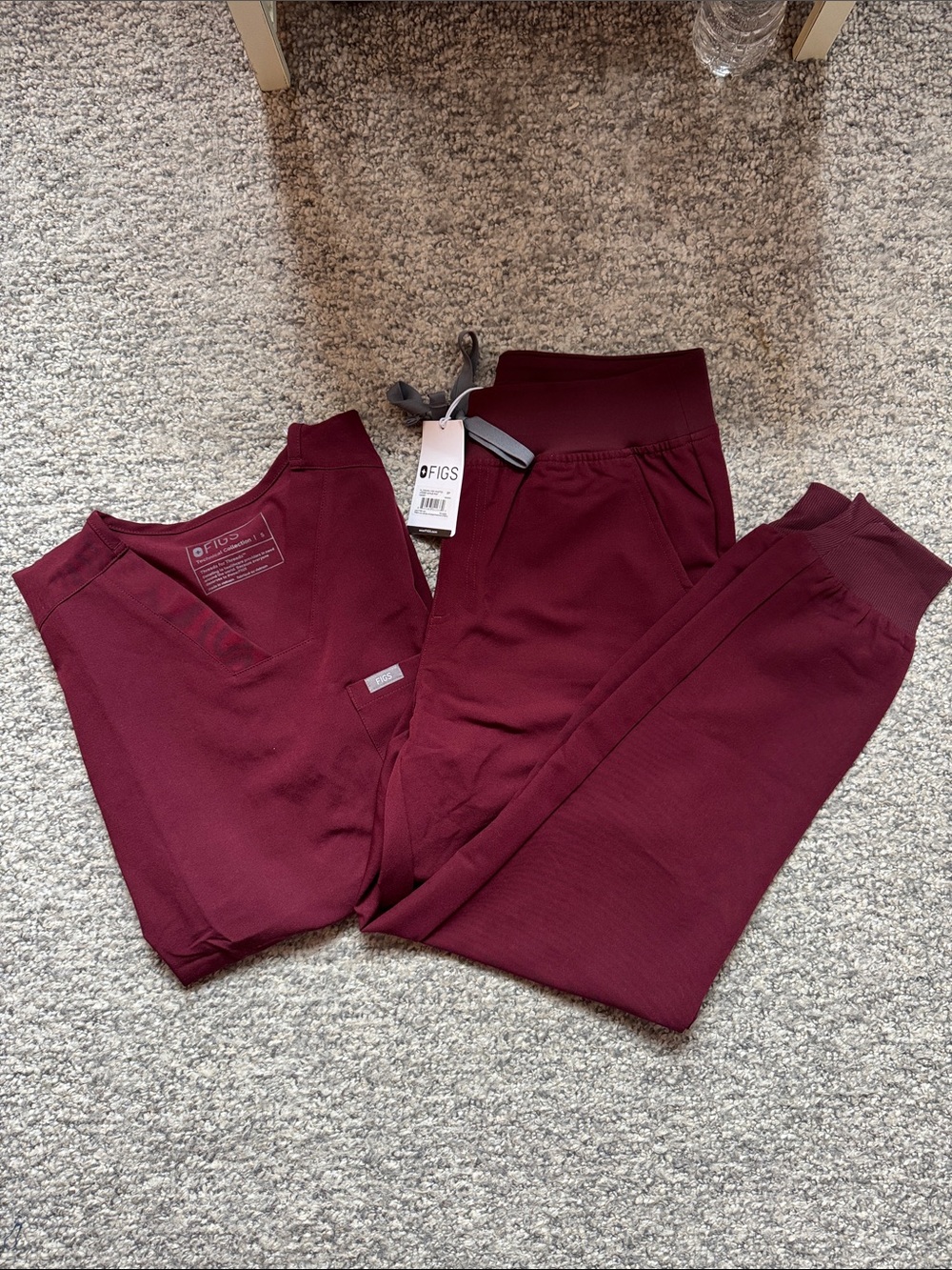 FIGS Women's Maroon Jogger Scrub Pants and V-Neck Top with Heart Embroidery